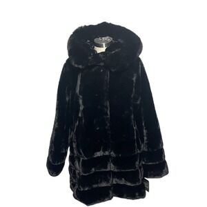 Gallery‎ New York Black Faux Fur Hooded Coat Plush Soft Winter Jacket M